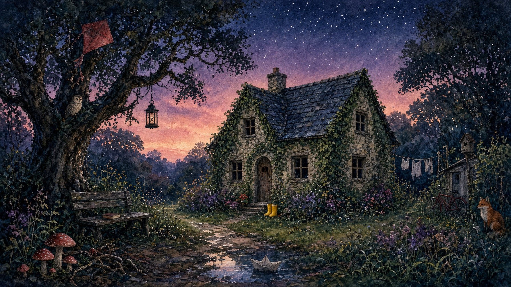 A watercolor garden at dusk. Dark trees, and a small cottage among them.