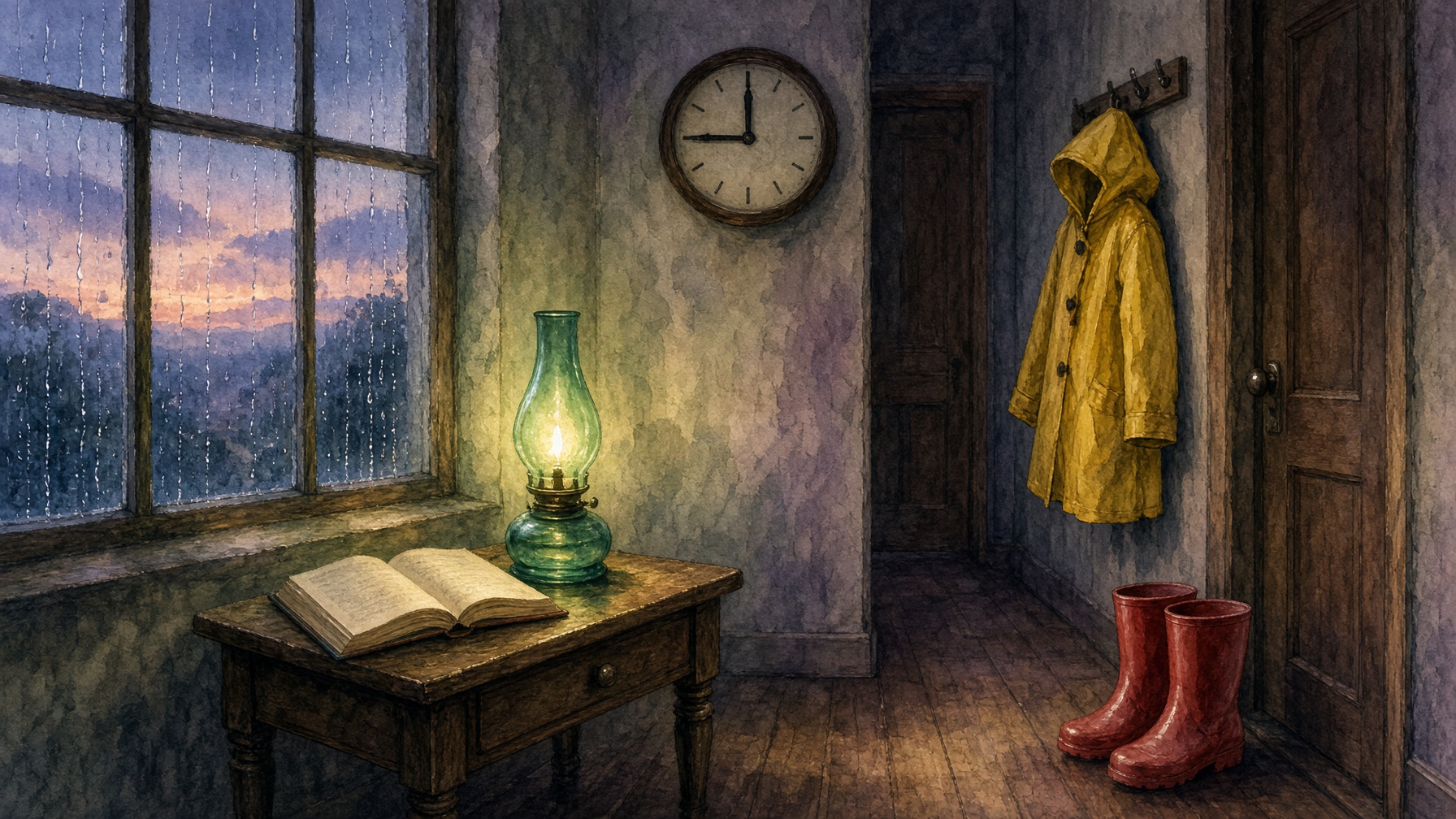 A dusk hallway. Red boots by the door, a glowing green lamp, an open book, a yellow raincoat, rain on the window.