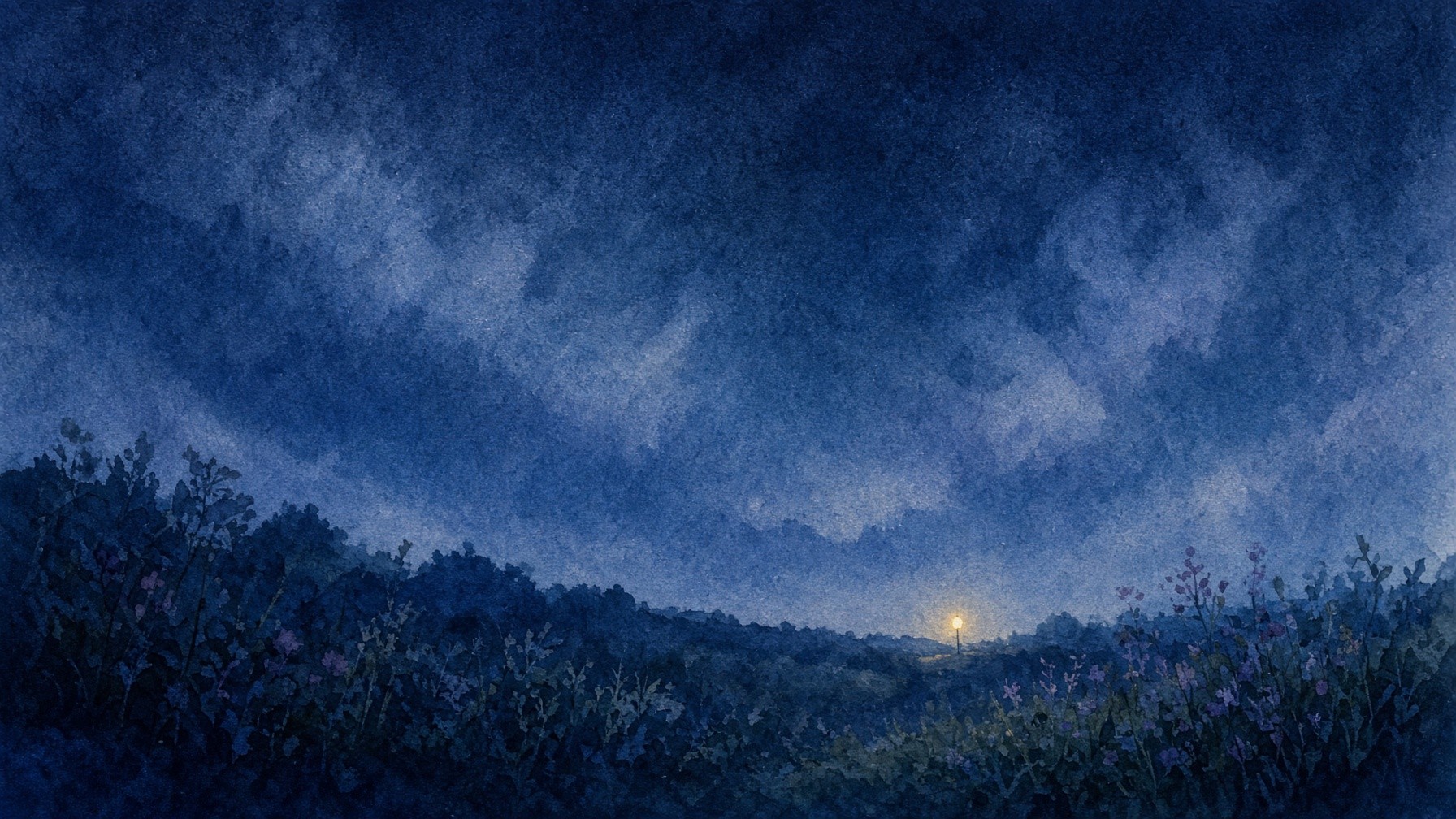 A watercolor night sky over a dark garden ridge, with one small gold point of light far away.