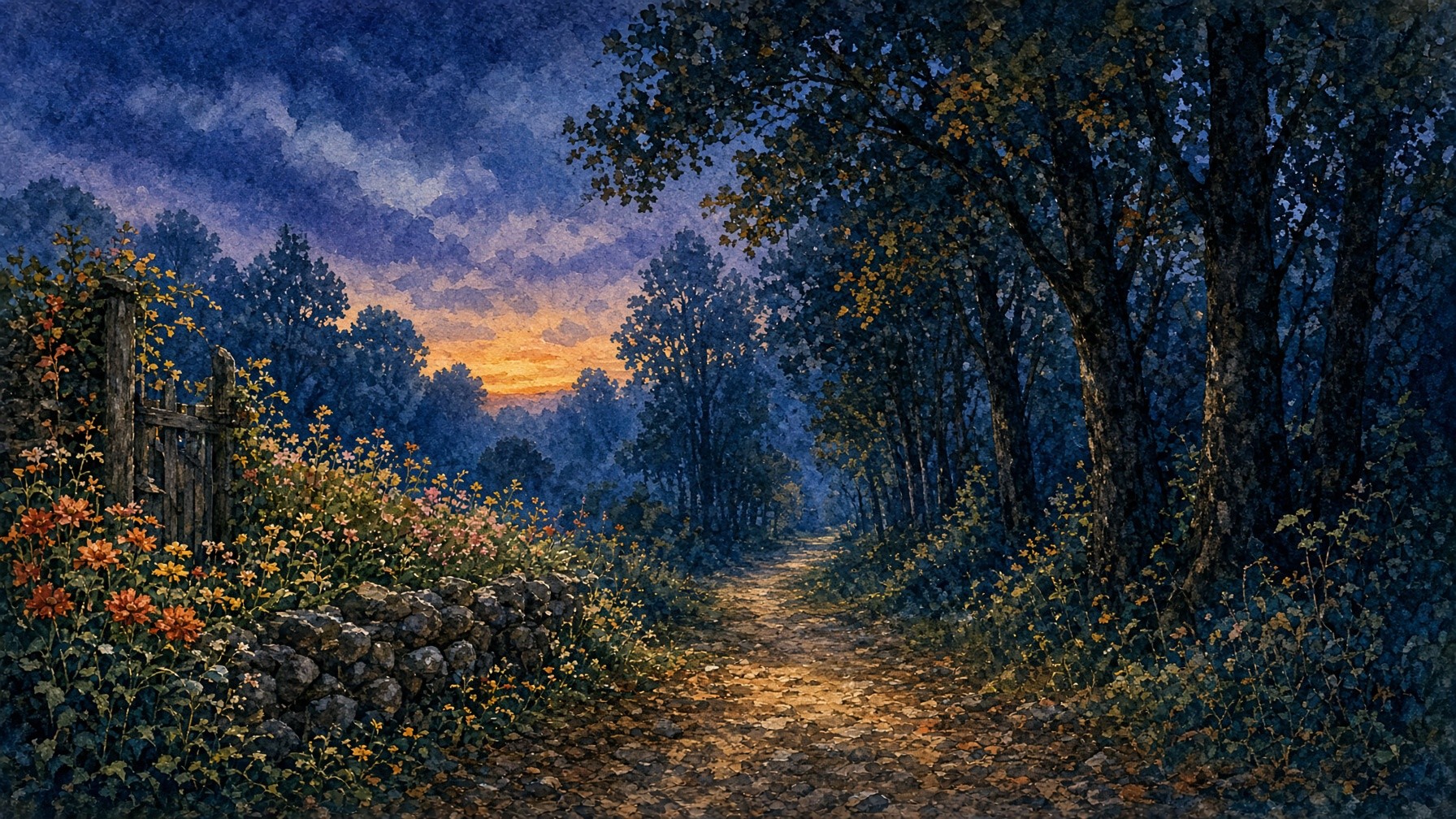 A watercolor dusk path leaving a garden between dark trees.