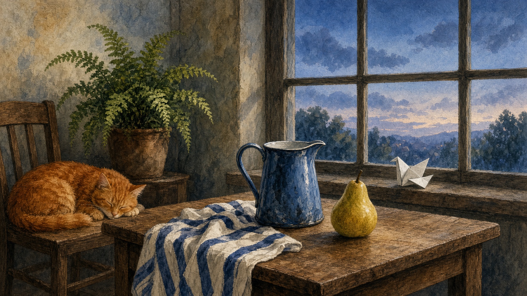 A watercolor studio at dusk. A cat sleeps. A blue pitcher, a yellow pear, and a striped cloth sit on a wooden table.