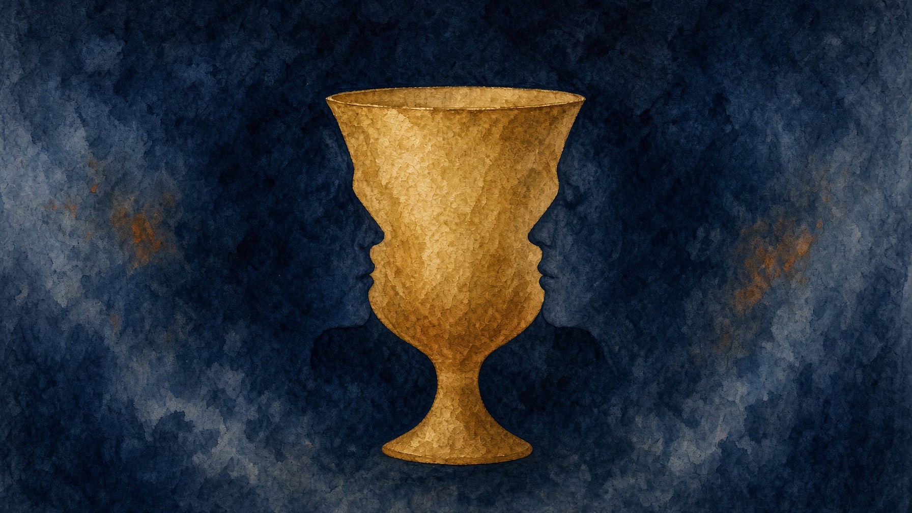A watercolor gold goblet on a dark field. The gold can be a cup. The dark sides can be two faces looking at each other.